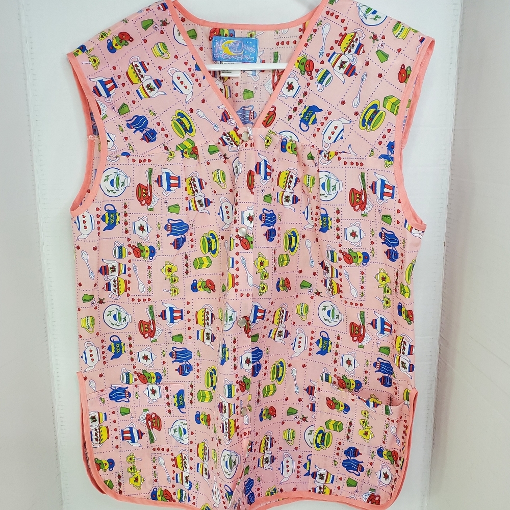 Vintage Moon Dance Cobblers Apron Smock Pink Teapots Tea Time Pearl Snap Pocket.
